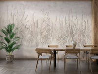 Elegant meadow-inspired mural with delicate grass details in dining room.