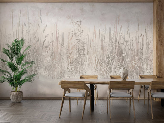 Elegant meadow-inspired mural with delicate grass details in dining room.