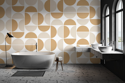 Neutral tan and cream circles with modern geometric wall mural design.