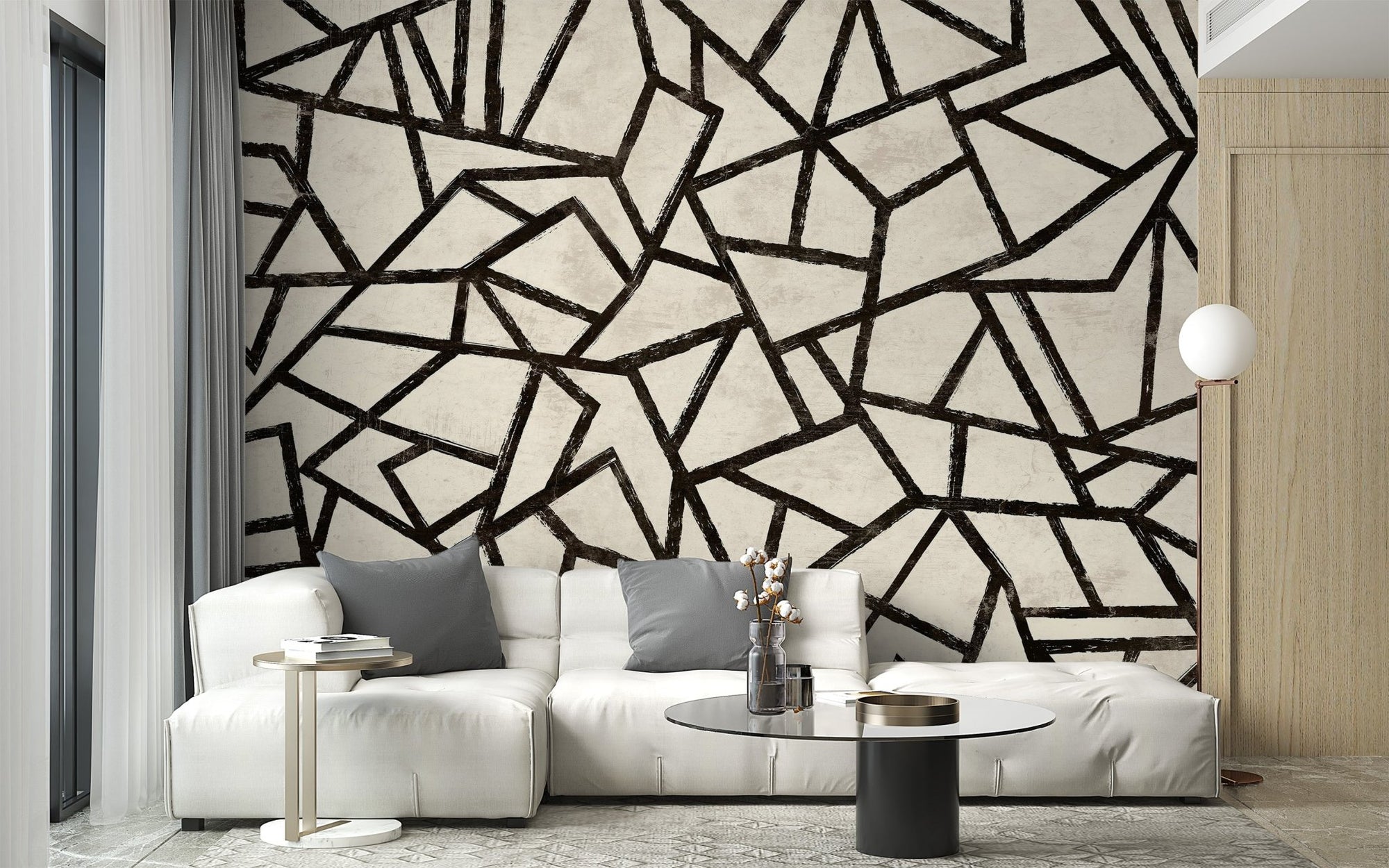 Modern black pattern wallpaper mural with geometric linework.