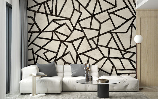 Modern black pattern wallpaper mural with geometric linework.
