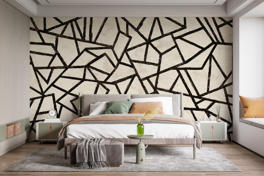 Minimalist black ink geometric shapes for a textured wallpaper.