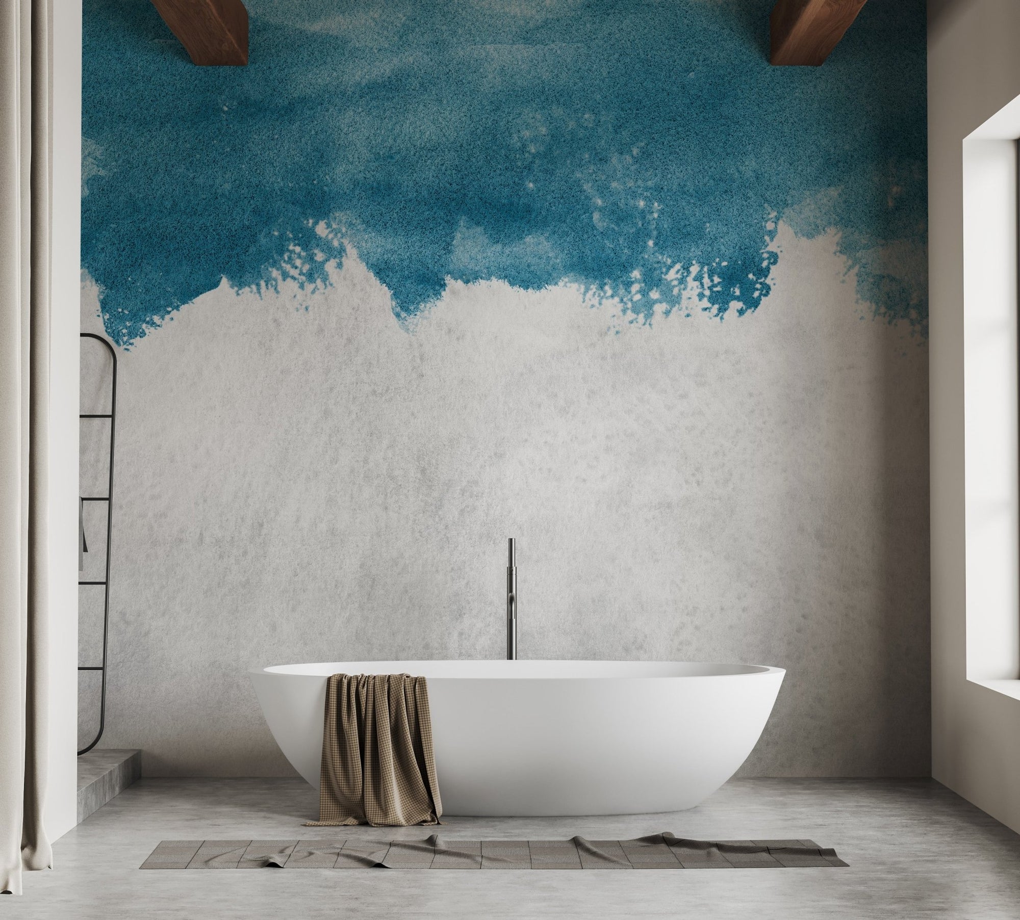 Modern blue barnyard wall mural in a luxury bathroom with white tub.