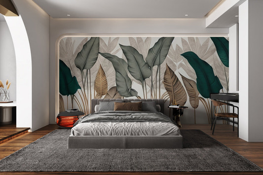 Modern botanical leaf wallpaper with teal and gold foliage.