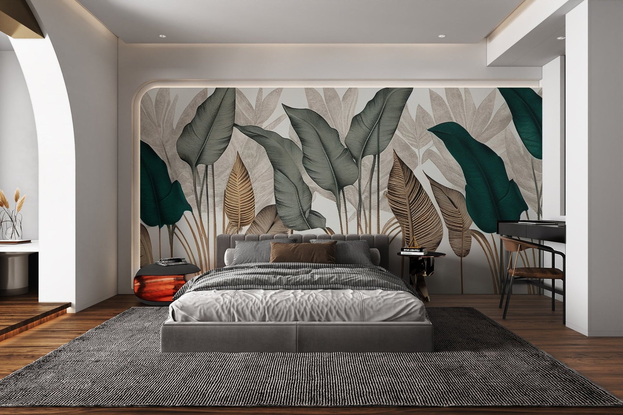 Modern botanical leaf wallpaper with teal and gold foliage.