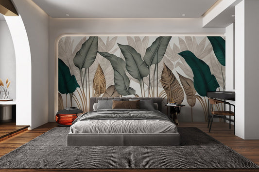 Modern botanical leaf wallpaper with teal and gold foliage.
