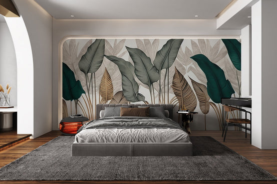 Modern botanical leaf wallpaper with teal and gold foliage.