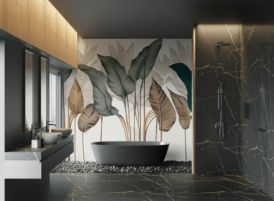 Large tropical leaf wall mural in muted green and beige tones.