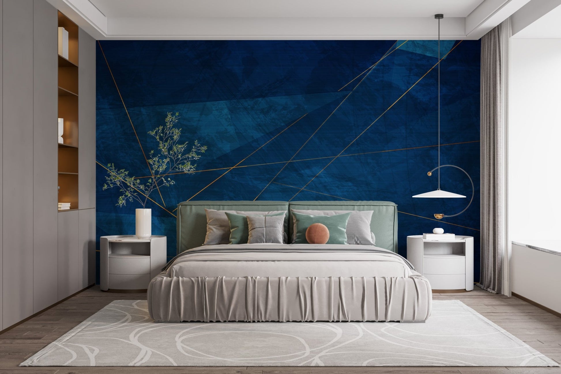Abstract navy blue wall mural featuring gold linear patterns in a bright bedroom.
