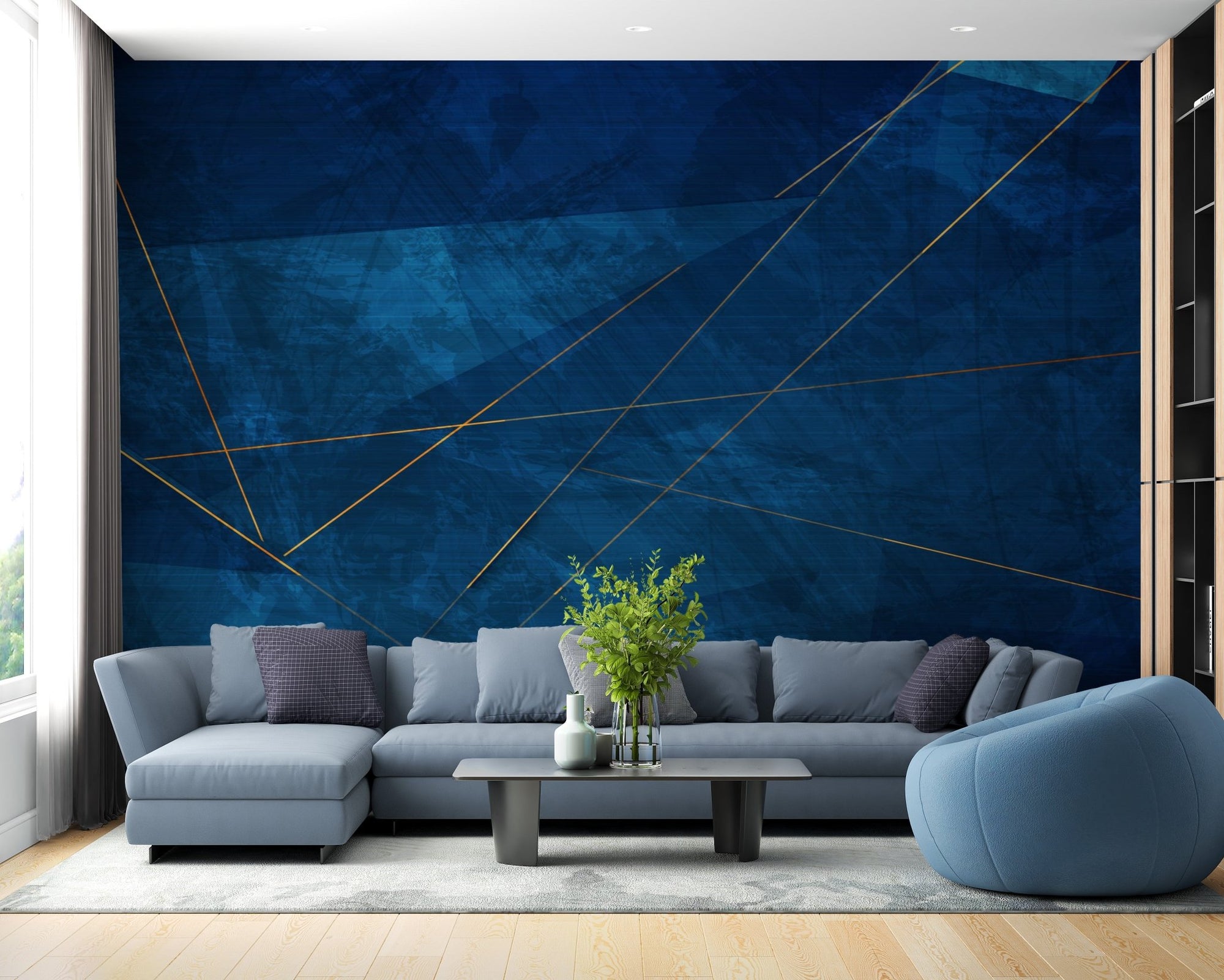 Modern Corporate Abstract Wall Murals in a spacious living room with a grey sofa.