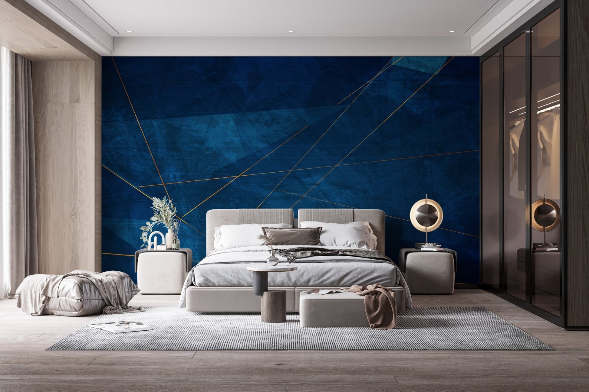 Dark blue abstract wall mural with intersecting gold lines in a contemporary bedroom.