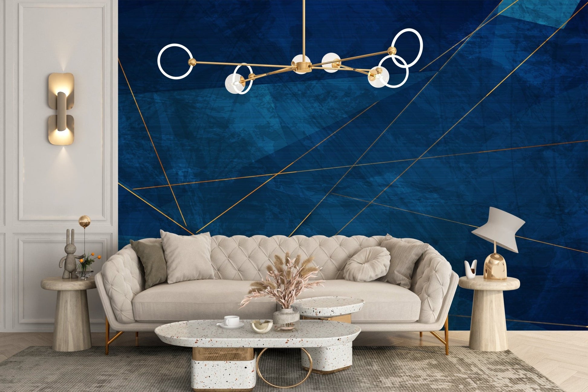 Modern Corporate Abstract Wall Murals behind a beige sofa in a minimalist living room.