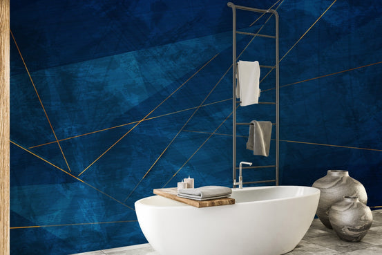Modern Corporate Abstract Wall Murals installed in a bathroom behind a white tub.