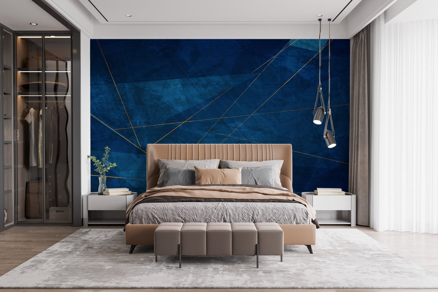 Gold line abstract wall mural decorating a master bedroom with neutral furniture.