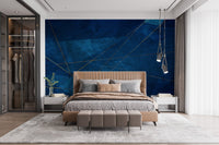 Gold line abstract wall mural decorating a master bedroom with neutral furniture.