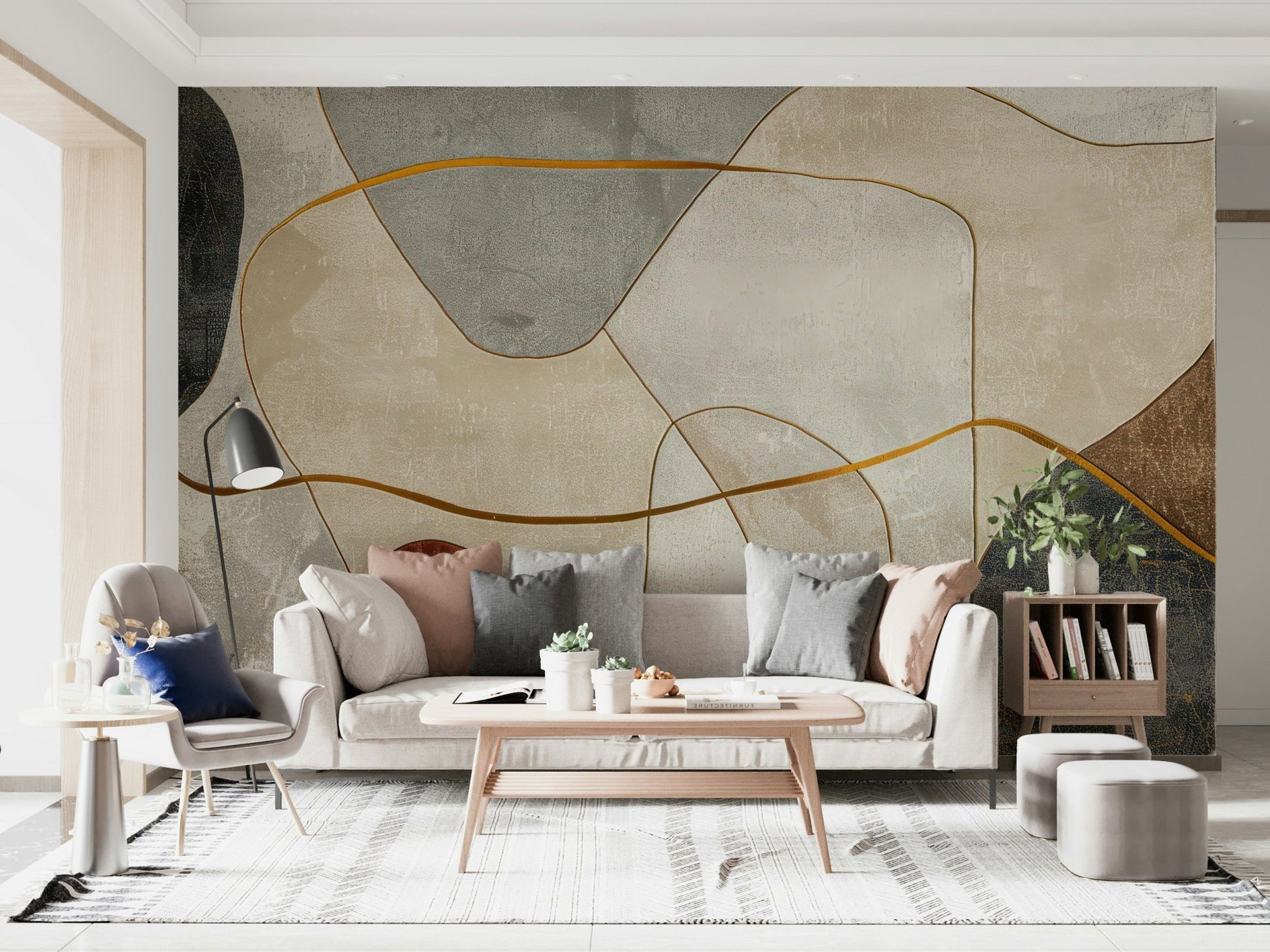 Entryway geometric taupe feature wall mural