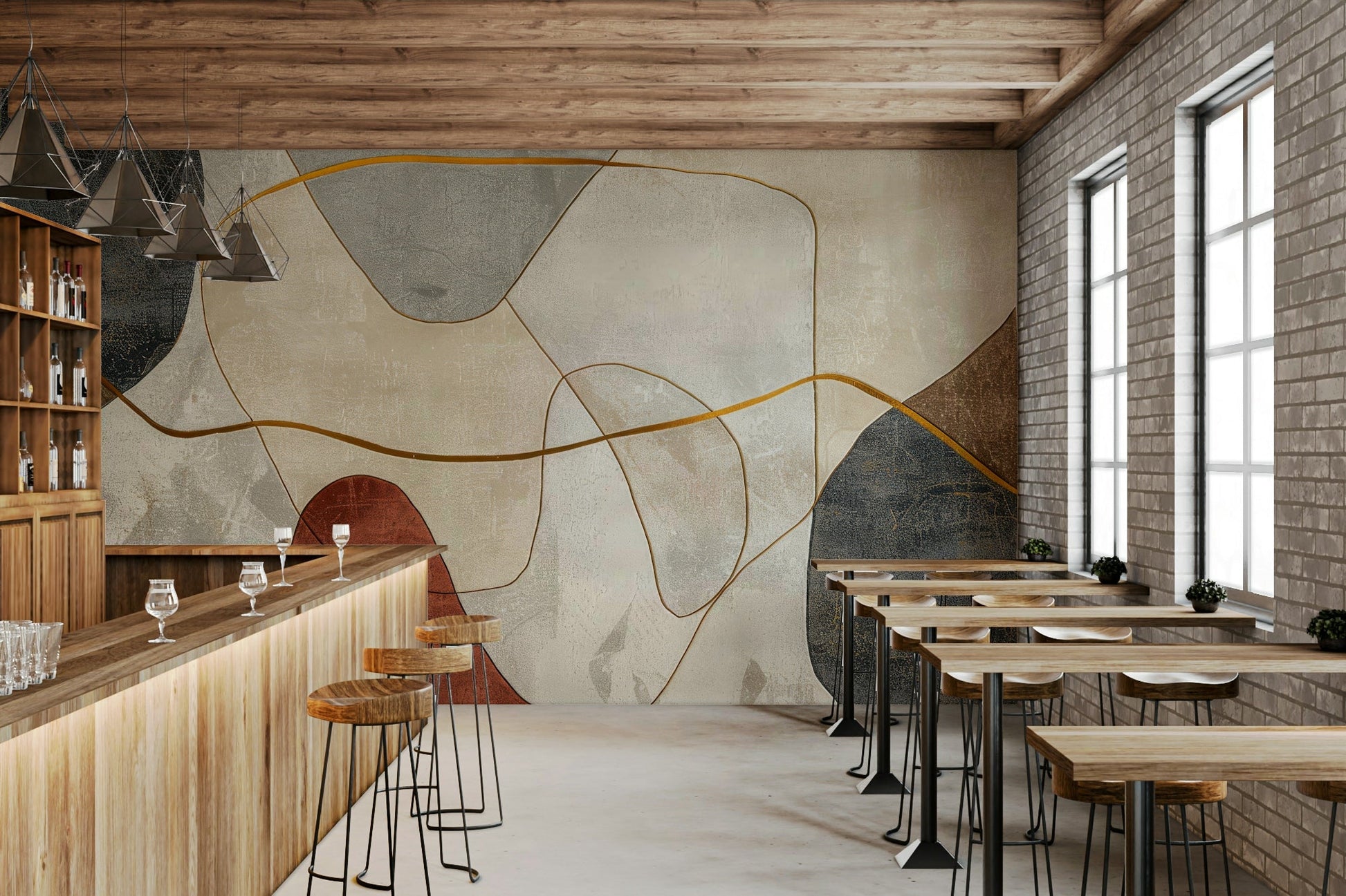 Dining room earthy shapes full wall mural