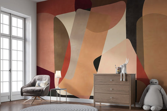 Modern geometric art wallpaper with layered peach and terracotta shapes.