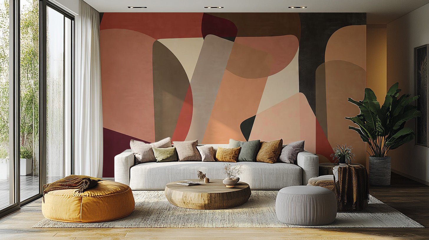 Modern geometric wallpaper combining rounded forms and tonal shading.