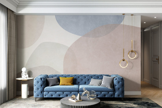 Modern wall mural with pastel geometric patterns for living room.