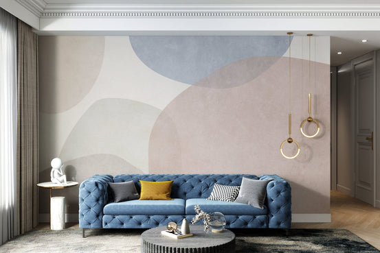 Modern wall mural with pastel geometric patterns for living room.