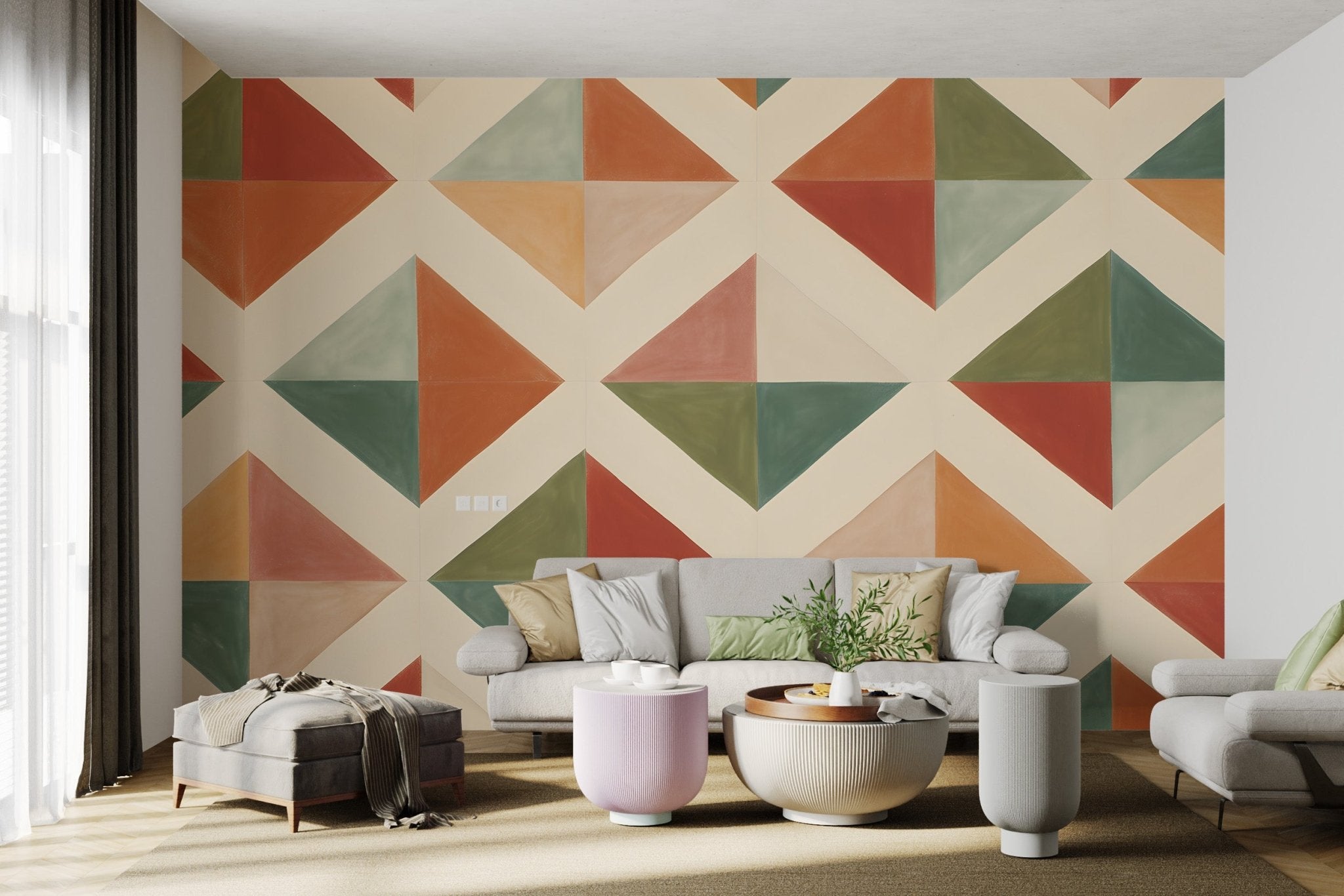 Large scale geometric wallpaper with a rhythmic diamond and stripe arrangement.