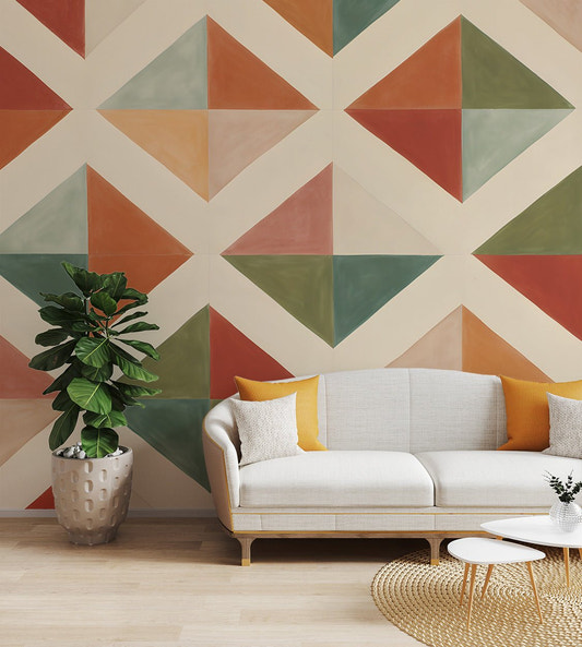 Modern geometric pattern wallpaper with terracotta and olive diamond shapes.