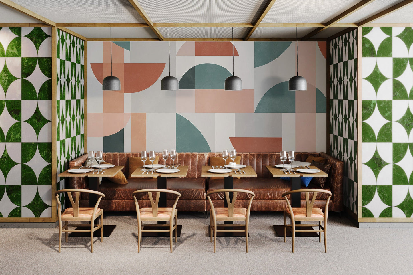 Geometric wall mural in modern restaurant interior.