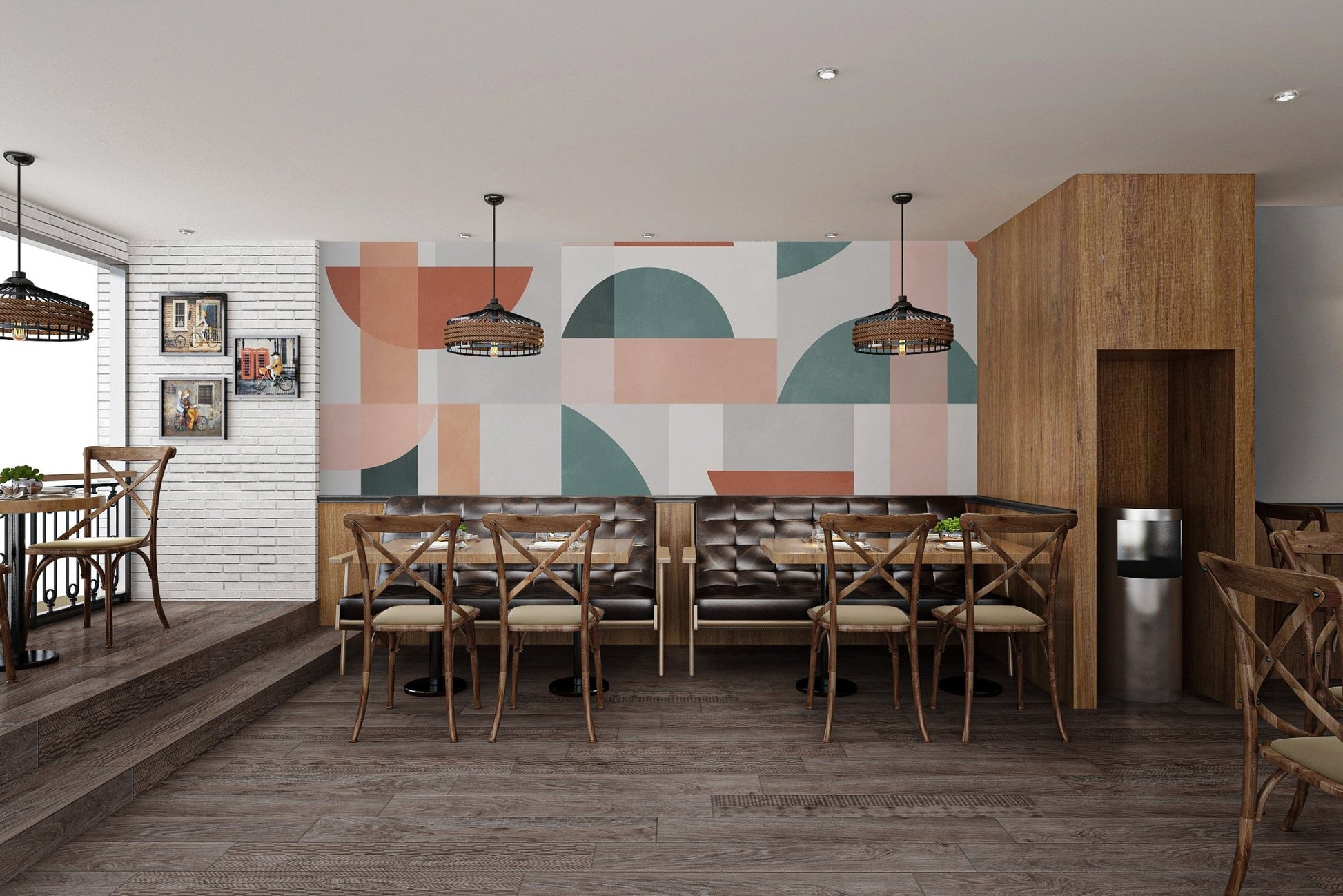 Abstract geometric photo wall mural for open plan cafe area.