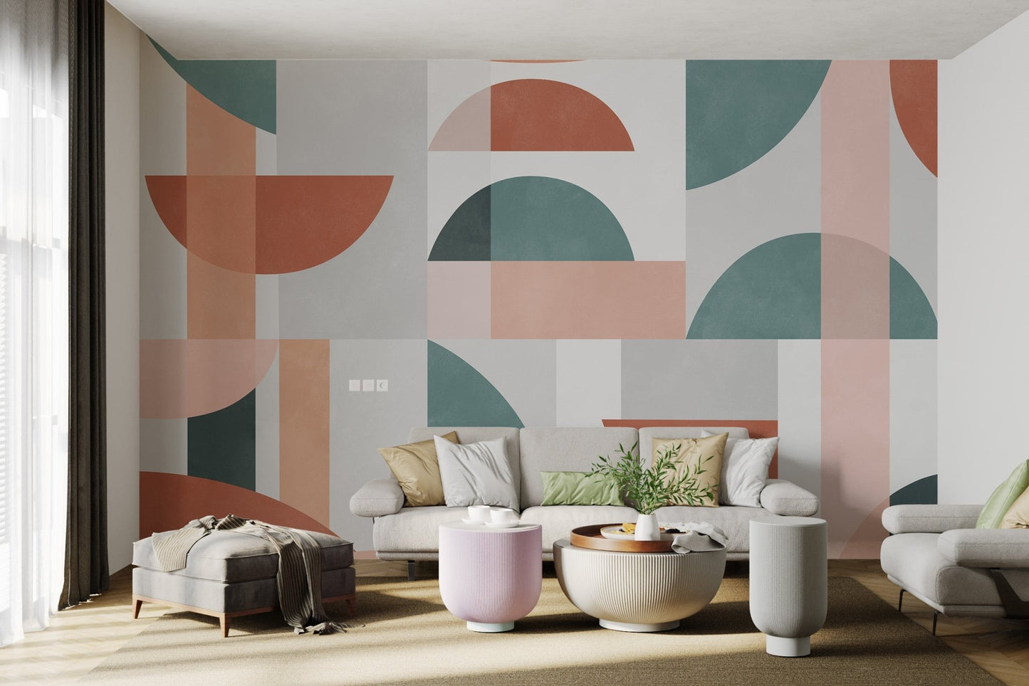 Modern illustration of geometric wall mural pattern for bright living area.