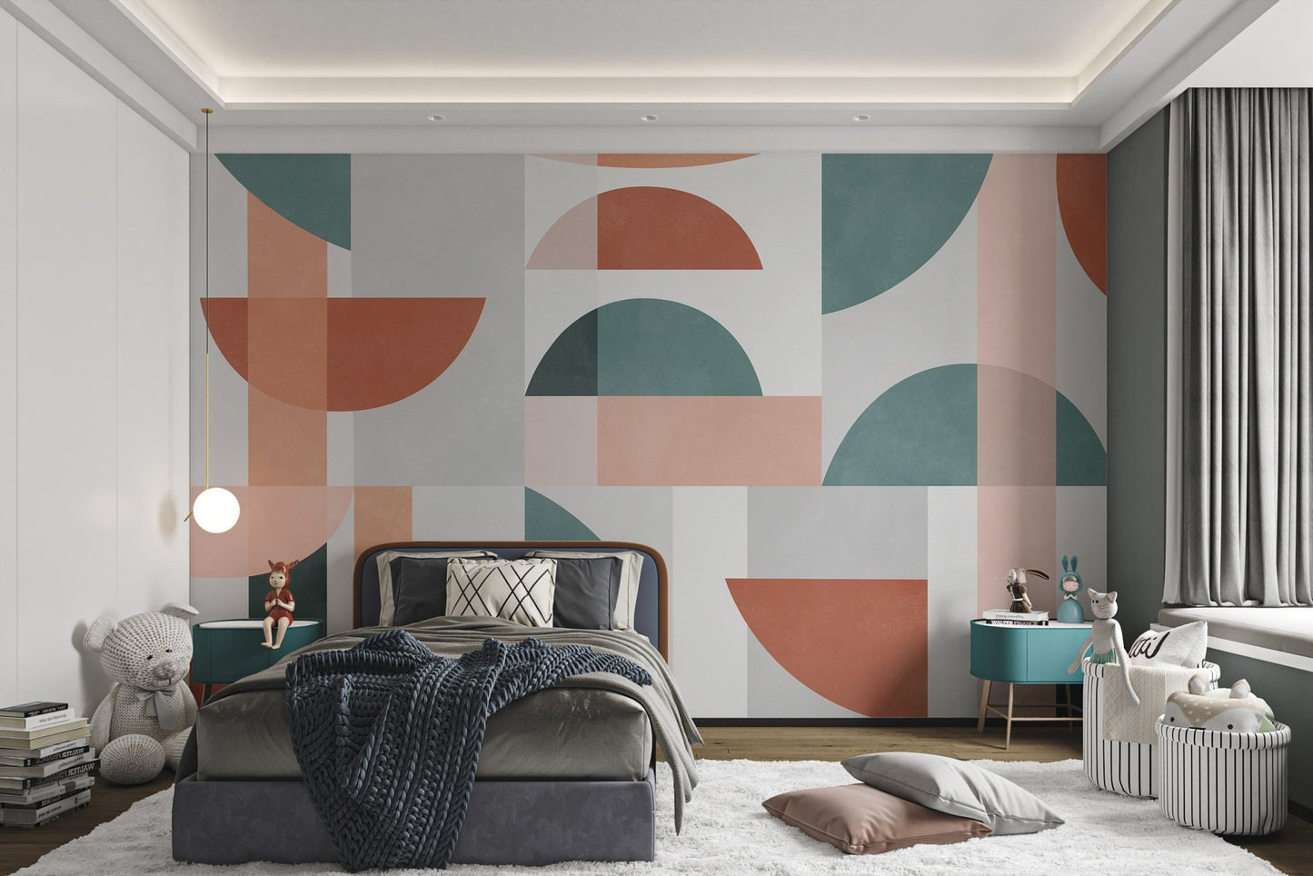 Minimalist wall mural with grey and green block shapes for kids bedroom.