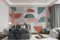Minimalist wall mural with grey and green block shapes for kids bedroom.