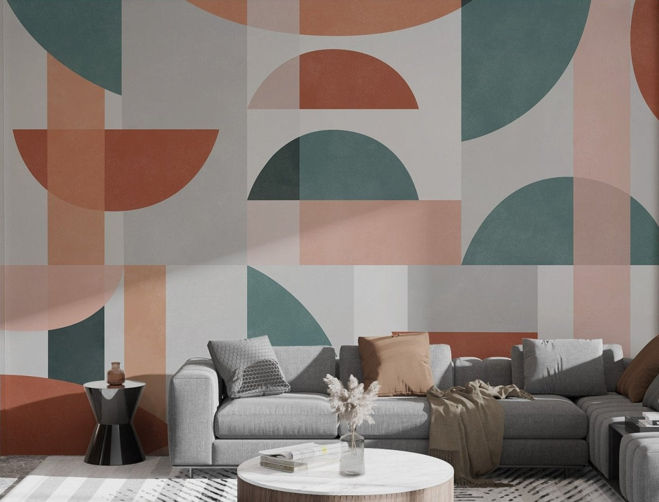 Modern abstract mural with bold geometric shapes in living room.
