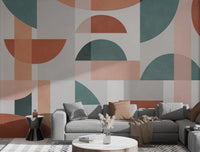 Modern abstract mural with bold geometric shapes in living room.