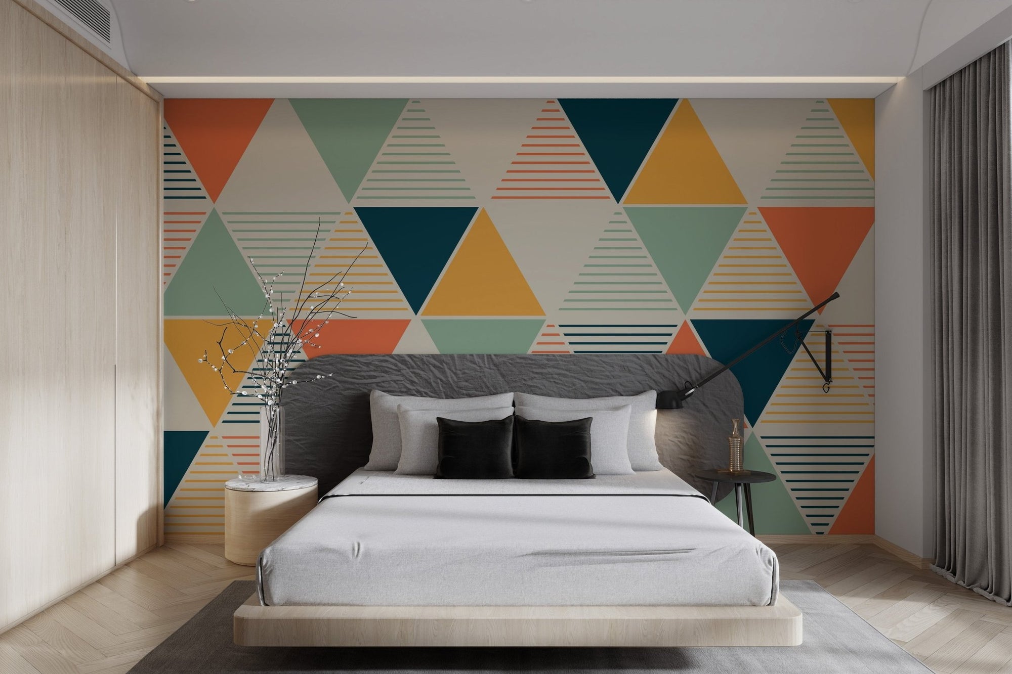 Modern geometric triangle pattern wallpaper in orange and teal hues.