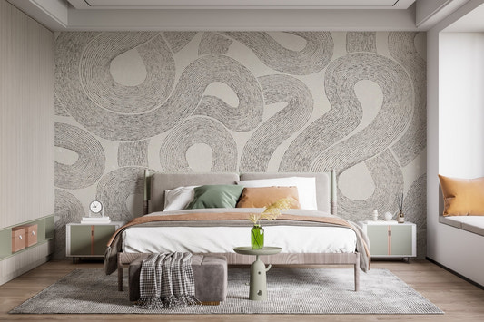 Modern gray zen wall mural with charcoal ribbon patterns on beige.