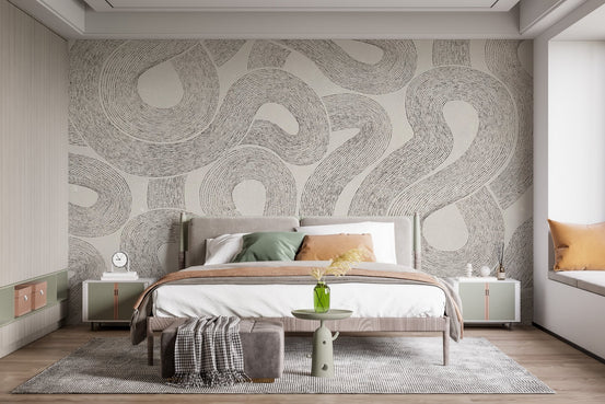 Modern gray zen wall mural with charcoal ribbon patterns on beige.