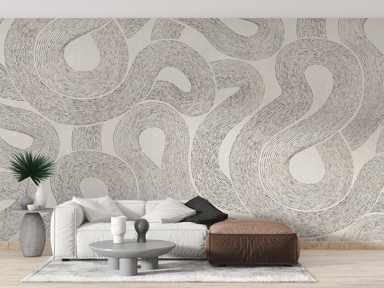 Zen-inspired graphite lines on an off-white wallpaper base.
