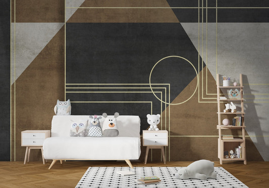 Geometric wall mural featuring layered blocks and thin gold lines.