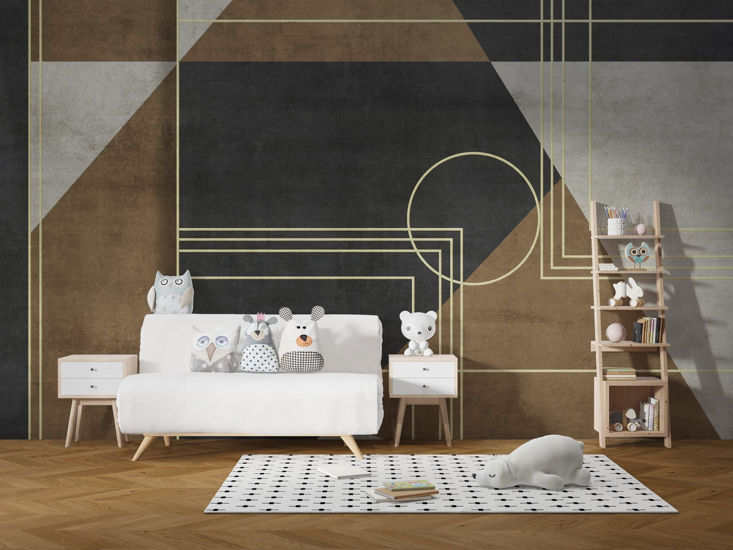 Geometric grunge mural enhances aesthetics
