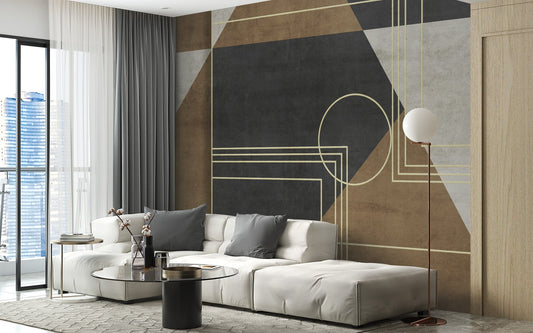 Contemporary geometric wall mural in earthy neutral color tones.