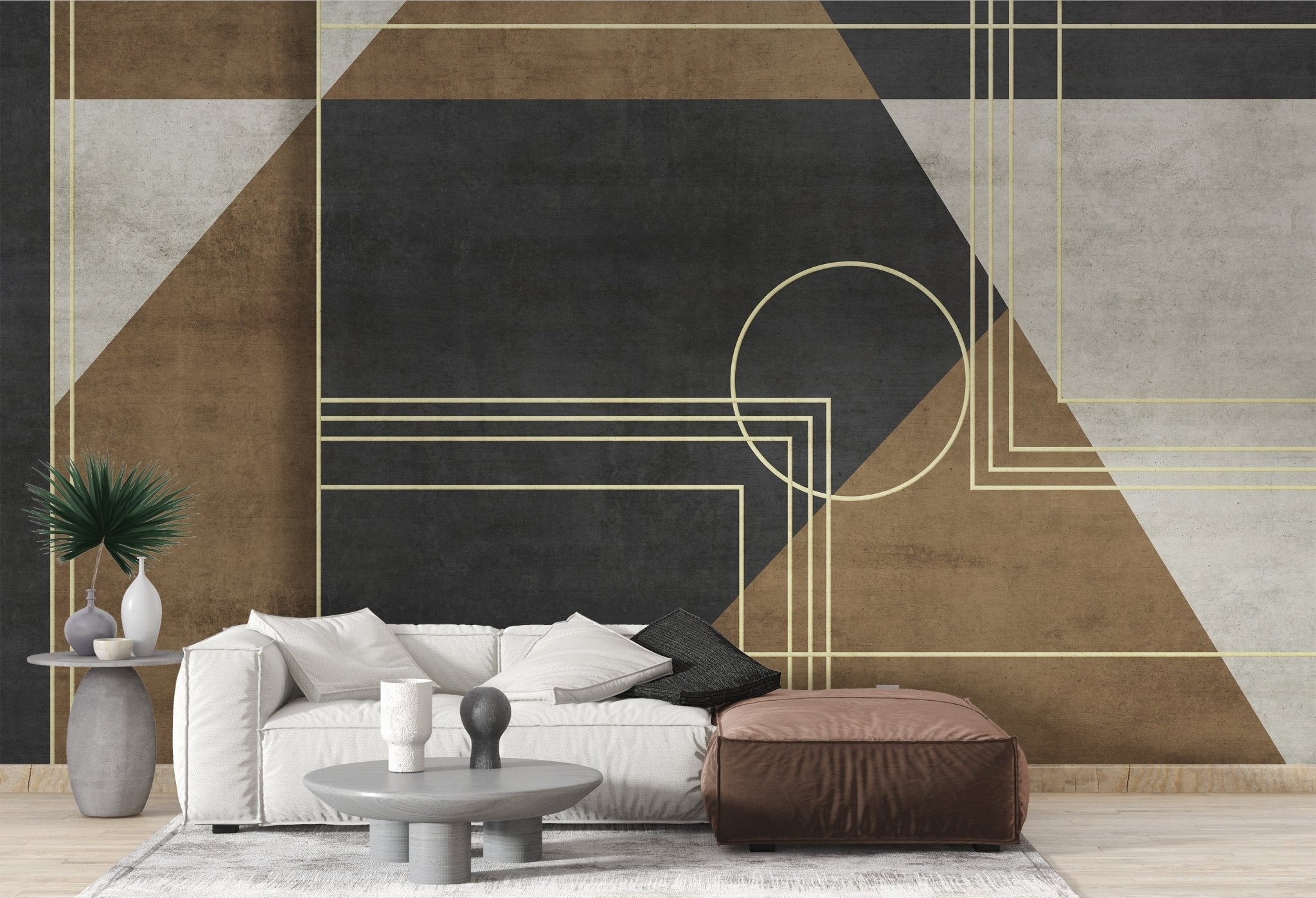 Minimal geometric wallpaper with textured charcoal and tan.