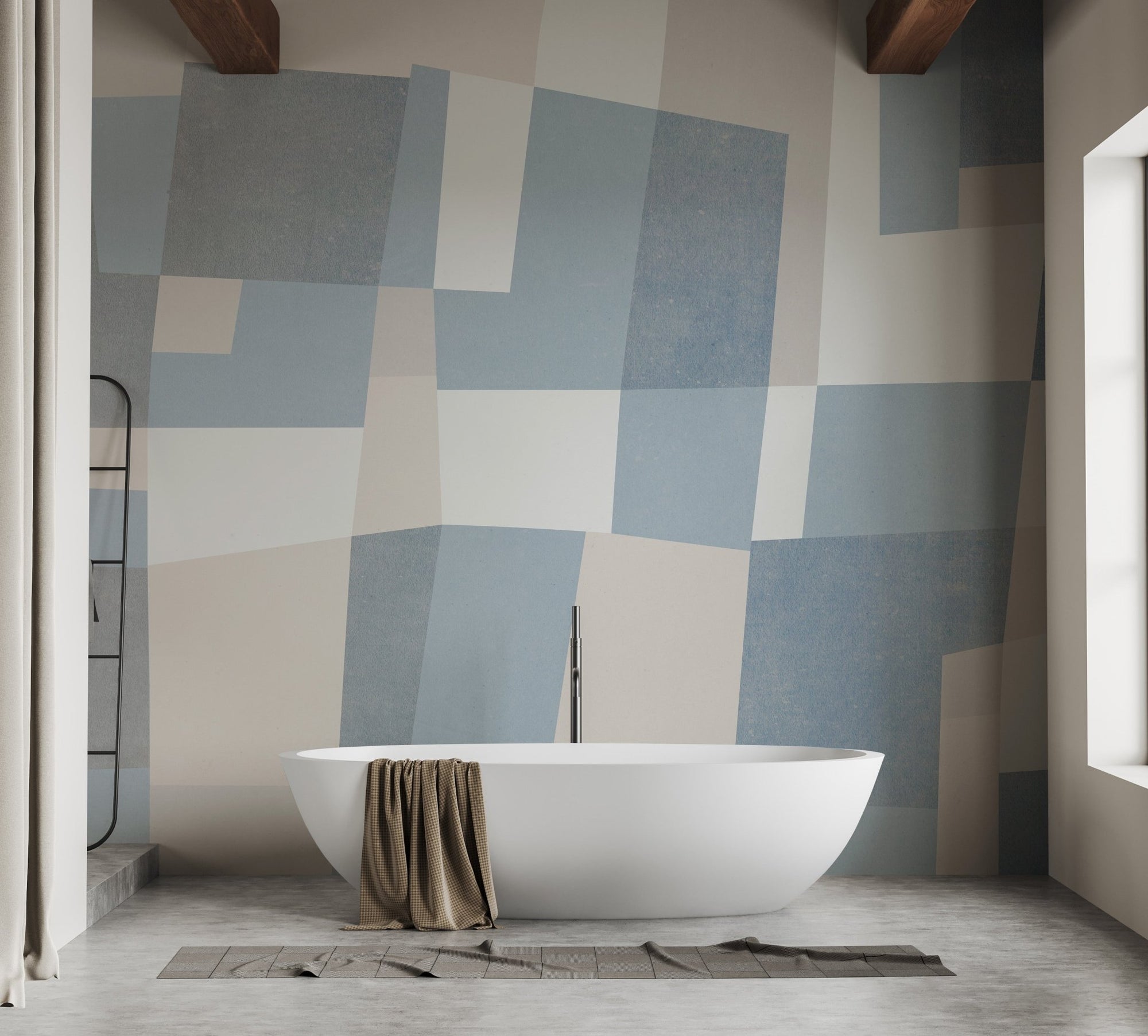 Modern mosaic wall mural in blue and beige geometric pattern wallpaper.