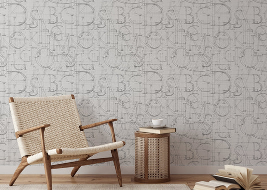 Modern Roman Classic Alphabet Method Geometric Wallpaper in reading area with a woven chair.
