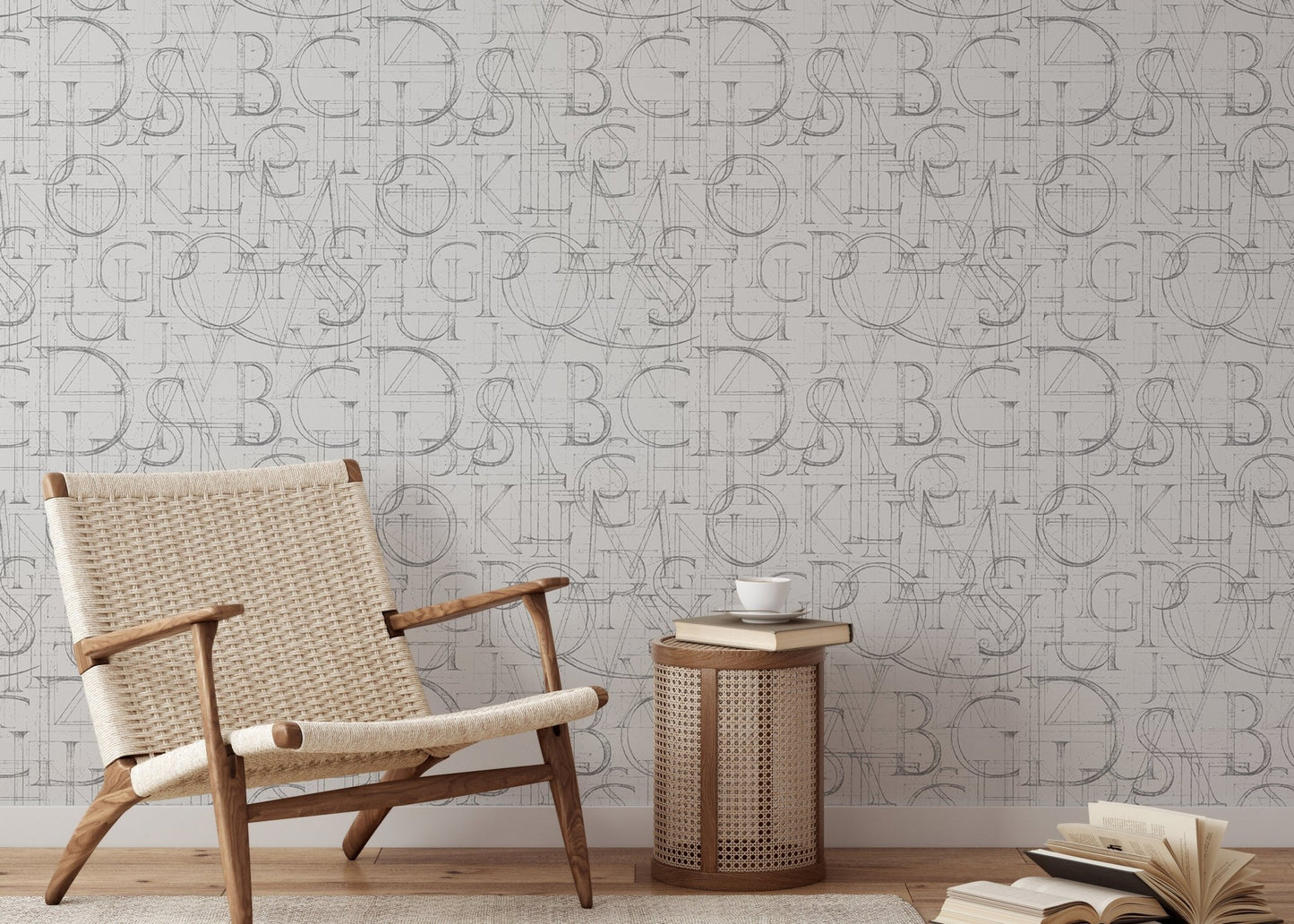 Modern Roman Classic Alphabet Method Geometric Wallpaper in reading area with a woven chair.