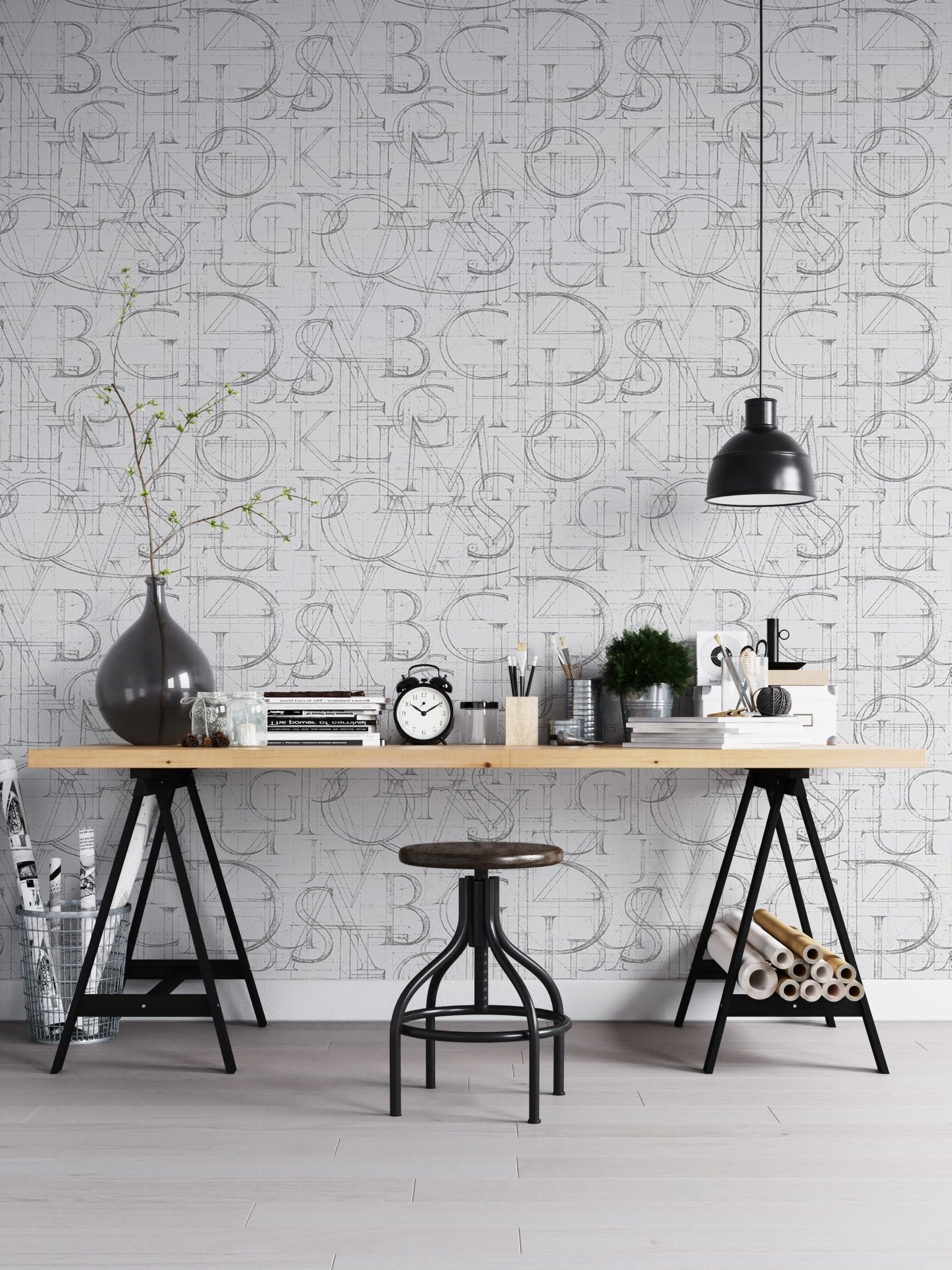 Modern Roman Classic Alphabet Method Geometric Wallpaper in a home office with a black lamp.
