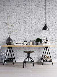 Modern Roman Classic Alphabet Method Geometric Wallpaper in a home office with a black lamp.