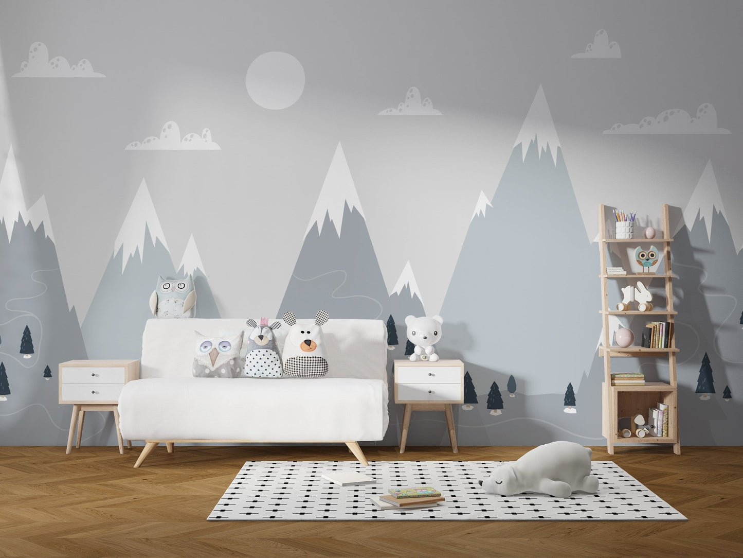 Grey mountain charm wall mural behind a white wooden sideboard in a play area.
