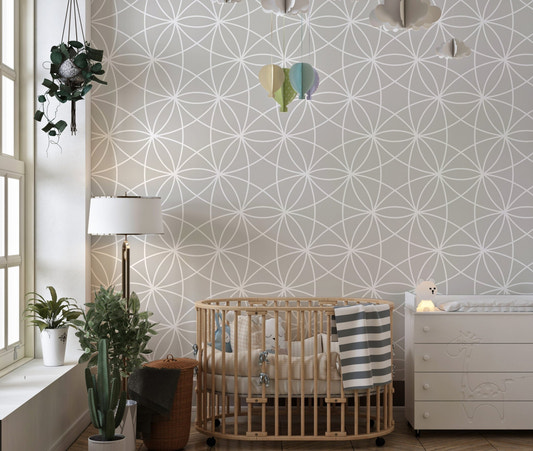 Modern Style Geometric Repeat Pattern Wallpaper in a nursery with wooden crib.