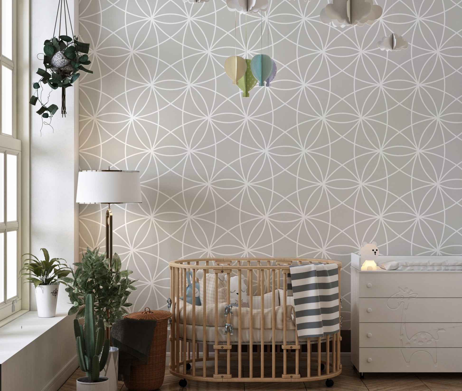 Modern Style Geometric Repeat Pattern Wallpaper in a nursery with wooden crib.